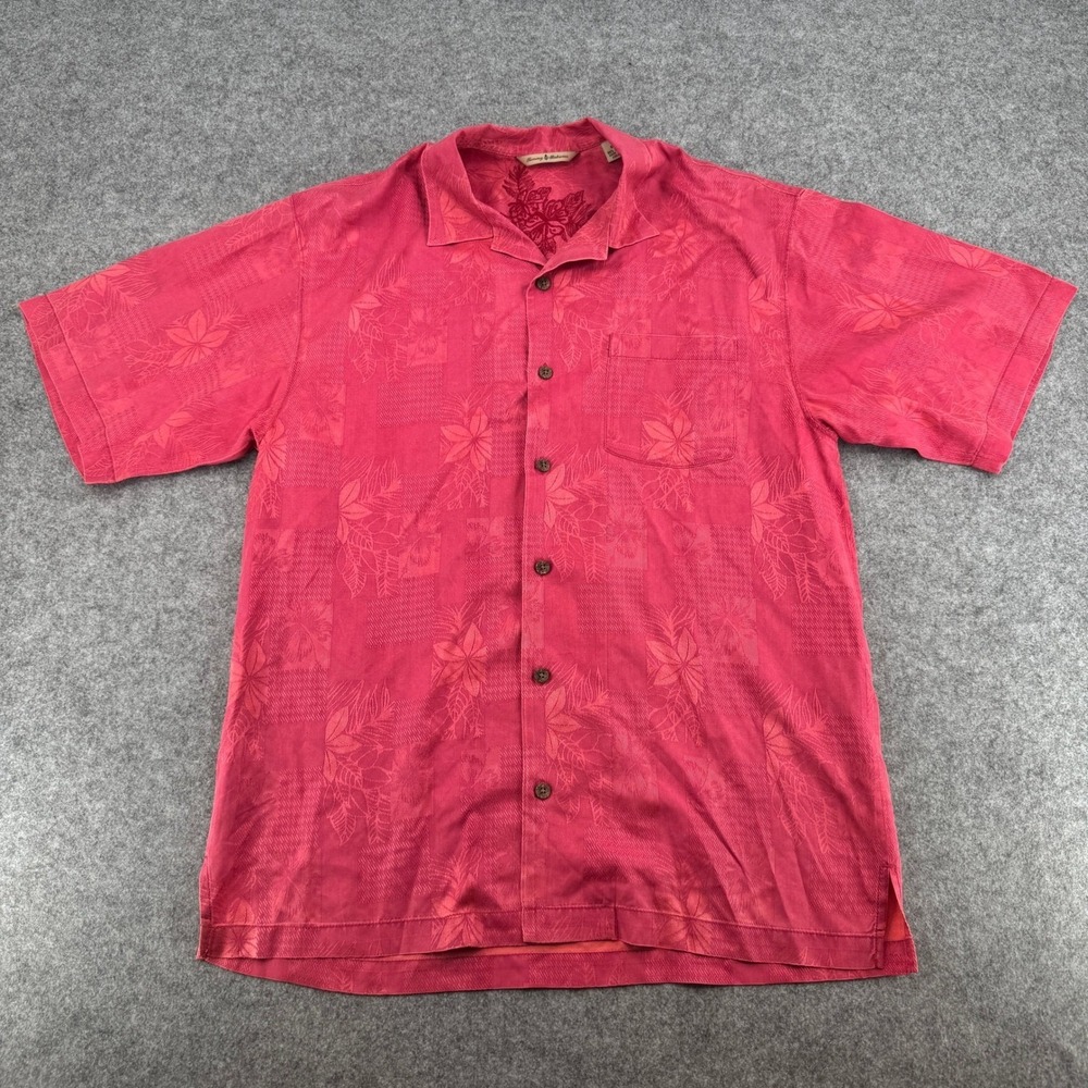 Tommy Bahama Pink Silk Tropical Jacquard Camp Shirt Mens Medium Floral Button